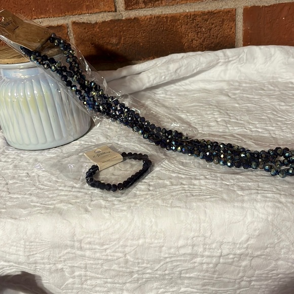 Extra Long Dark Blue beaded necklace and bracelet set - Picture 1 of 3